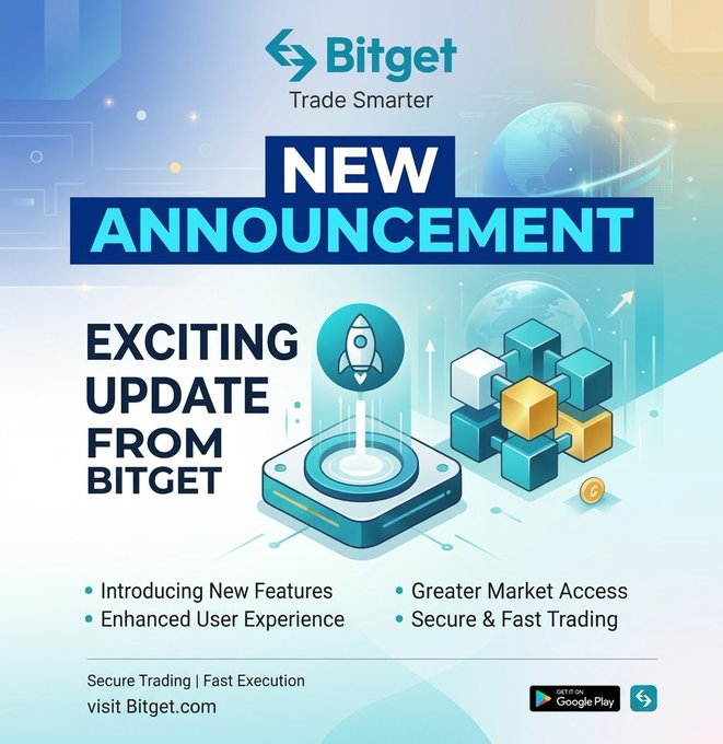 A Bitget 'NEW ANNOUNCEMENT' promotional graphic highlighting an 'EXCITING UPDATE FROM BITGET' with bullet points for new features, enhanced user experience, greater market access, and secure trading, directing users to visit Bitget.com.