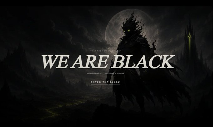 A dark, ominous promotional banner features a silhouetted figure with glowing eyes standing before a large moon, with the bold text "WE ARE BLACK," "ONLY THE FEW WILL WIN," "A collection of 3,333 souxs born in the dark," and "ENTER THE BLACK," aligning with the post's message that real users will secure their spots before the mint while bots will be excluded.