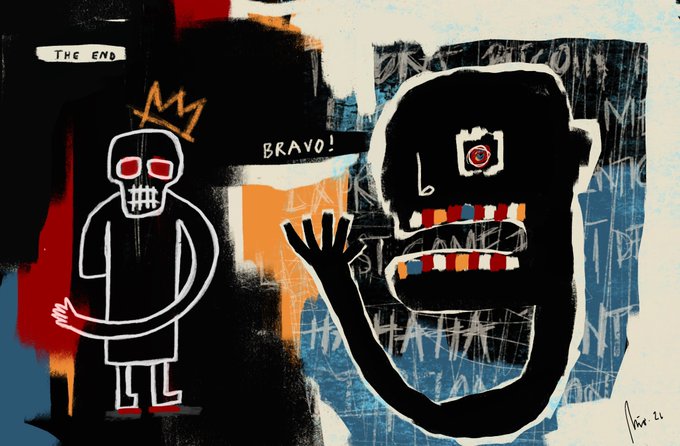 A colorful graffiti-style artwork featuring a crowned skull figure and a larger black face with one red eye, labeled 'THE END' and 'BRAVO!'