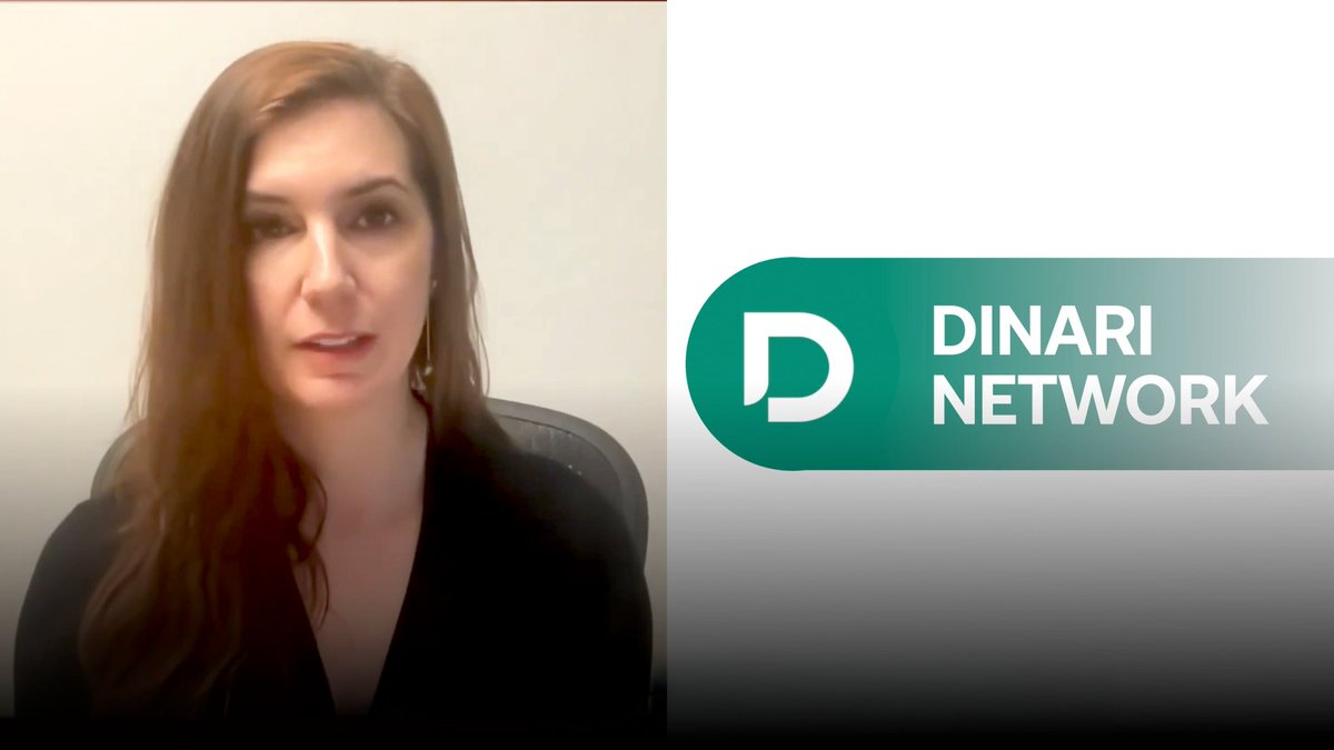 The image shows a woman with long brown hair wearing a black top sitting at a desk. She appears to be talking or presenting something, as there are some words visible in the image that seem to relate to the content of her presentation. The background is white, and the text "DINARI Network" can be seen on it.