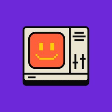 An illustration of a retro computer monitor with a smiling orange face on its screen, set against a purple background.