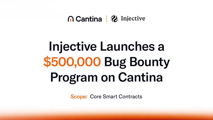 The image presents a promotional poster for a bug bounty program that's being launched from Cantina, named @Injective. The poster advertises a $500,000 Bug Bounty Program aimed at helping core smart contractors. The text on the poster indicates the program is designed for injective-core, Peggy bridge, swap, RFQ, and five web surfaces, including Helix, Mito, and Hub, which are referred to as "programs first hit". The poster also includes an attention-grabbing call to action: "@Injective, you're going after program details: cantina.xyz/bounties/79042". This text is placed at the bottom of the image for easy readability and highlights the main points about the bug bounty program.