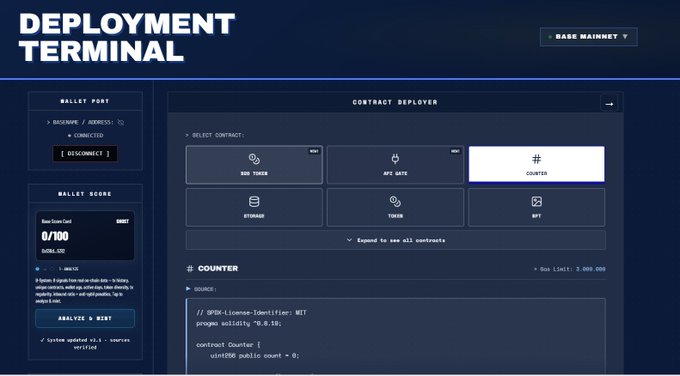 DEPLOYMENT TERMINAL interface for Base Mainnet showing a Contract Deployer with options for BNB TOKEN, BEP GATE, COUNTER, STORAGE, TIMER, and NFT, with wallet score of 0/100.