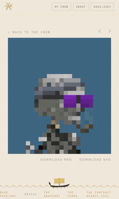 A webpage displays a pixelated NFT-style portrait of a character with purple sunglasses against a blue background, with buttons for 'DOWNLOAD PNG' and 'DOWNLOAD SVG'.