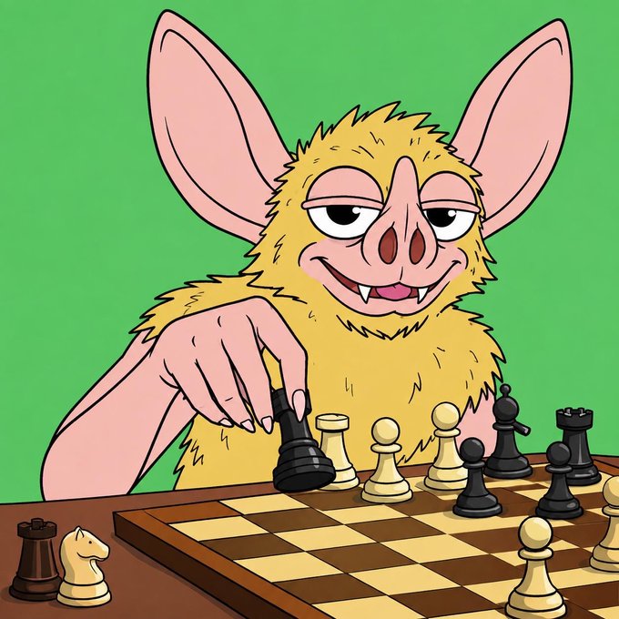 A furry yellow bat-like creature with large pink ears smirks confidently while making a move with a black chess piece on a wooden chessboard, set against a green background. The creature's cunning expression and strategic move visually echo the post's sentiment of "everything is aligning," suggesting calculated preparation coming together for a winning play.