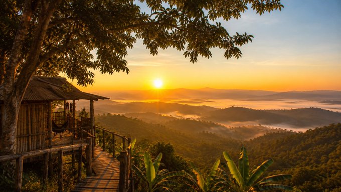 A scenic sunset view over rolling green hills and misty valleys, featuring a wooden treehouse with a hammock on the left and a sunlit path leading into the landscape.