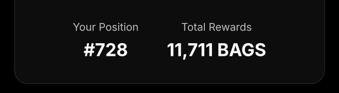 A dark dashboard screenshot displays the user's leaderboard rank as "#728" alongside their total earnings of "11,711 BAGS," visually confirming the claim in the post about reaching $11,711 in rewards through consistent daily participation without referrals.