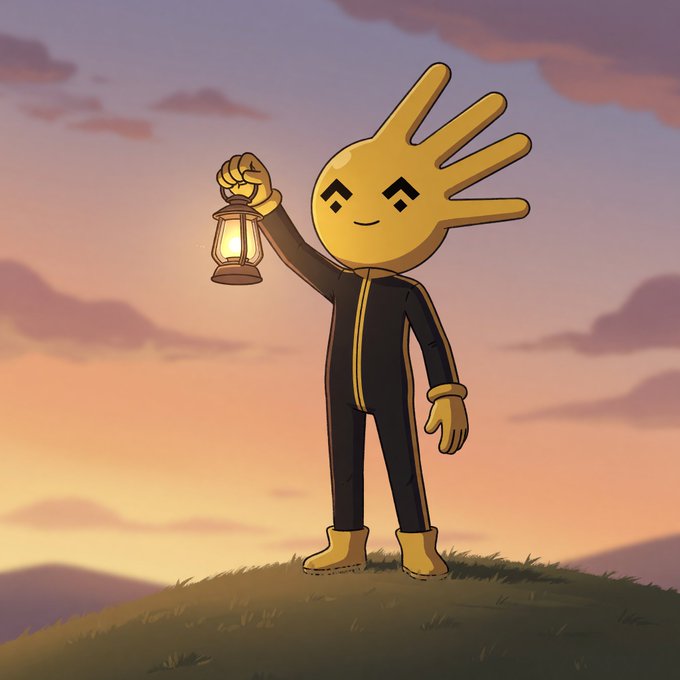 An animated character with a yellow hand for a head holding a lantern, standing on a grassy hill against a sunset sky.