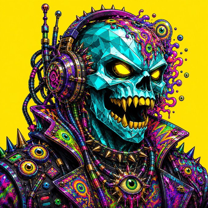 A colorful digital illustration of a menacing, geometric teal skull with glowing yellow eyes and sharp teeth, wearing spiked, cyberpunk-style armor adorned with eyeball motifs against a bright yellow background.