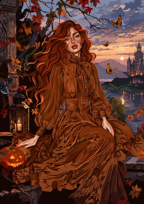 A stylized digital illustration depicts a woman with long flowing red hair wearing a Victorian-style brown dress, seated beside a glowing jack-o'-lantern with a castle and sunset in the background.