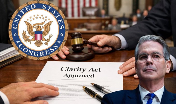 A composite image showing the United States Congress seal, a judge's gavel striking, a document titled 'Clarity Act Approved', and a portrait of Treasury Secretary Scott Bessent.