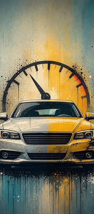 An artistic, stylized illustration of a white sedan car in front of a large analog clock or gauge, rendered in yellow, blue, and white tones with paint-splatter and dripping effects.