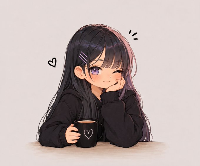 An anime-style illustration of a smiling girl with long dark hair holding a black mug with a heart on it.