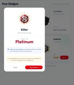 A mobile app screenshot showing a 'Killer' badge interface with a 'Platinum' tier (3 out of 4 claimed) that claims or mints a badge, providing details about its utility and one-of-a-kind eligibility.