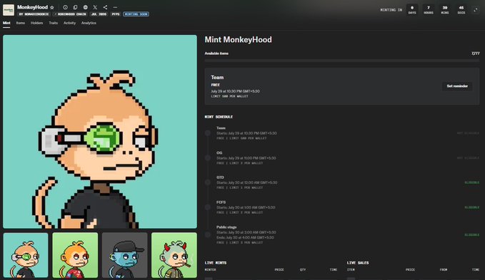 A screenshot of the 'MonkeyHood' NFT project website, displaying a pixel art bear character with a green gem on its forehead, along with minting schedule information including dates in July and pricing details.