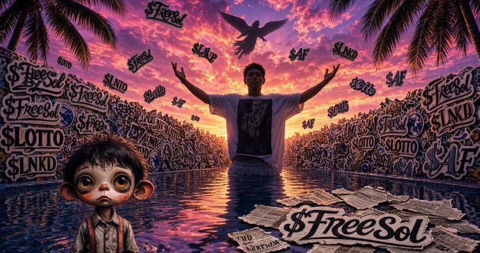 An artistic digital image features a stylized large-eyed character and a young man with raised arms in a pool, surrounded by graffiti-style text including "$FreeSol", "SLAP", "AF", "LOTTO", and "SLNKD".