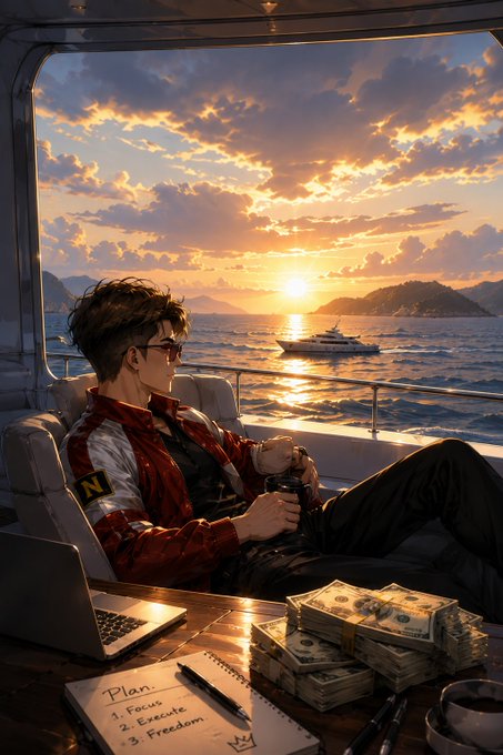 An anime-style illustration of a young man in a red jacket and sunglasses relaxing on a yacht at sunset, with a laptop, a 'Plan: 1. Focus, 2. Execute, 3. Freedom' notebook, stacks of cash, and a coffee mug on the table beside him.