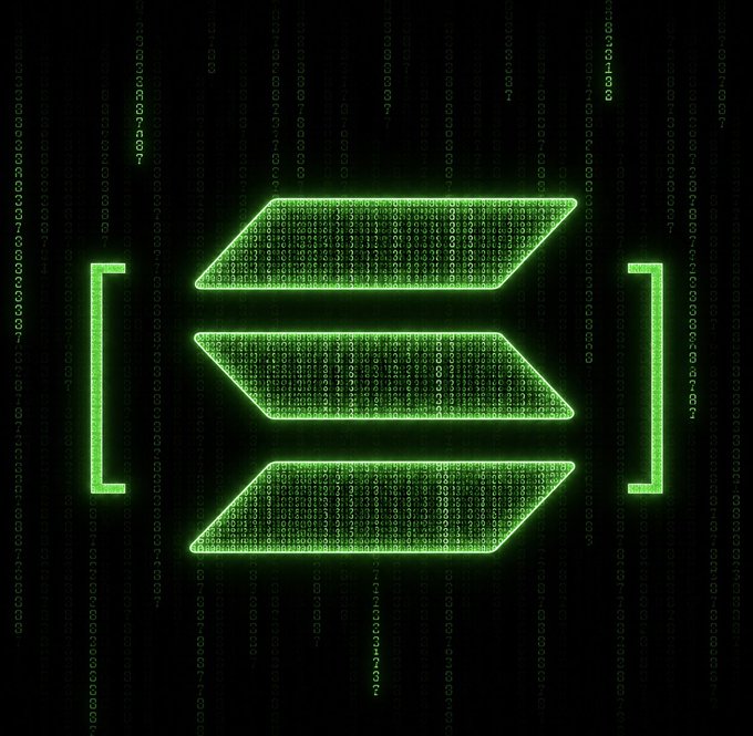 A green digital code matrix resembling the "Matrix" film, featuring three horizontal arrows in the center with brackets on either side.