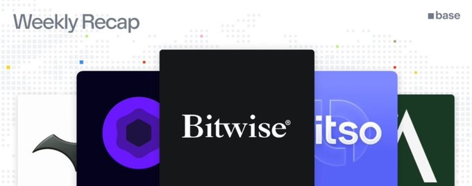 Graphic titled 'Weekly Recap' showing a stack of logo cards, prominently featuring 'Bitwise' in the center, with the 'base' logo in the top right corner.