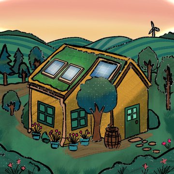 An illustrated scene shows a small yellow house with a green roof featuring skylights and solar panels, set in rolling green hills with a wind turbine in the distance at sunset.