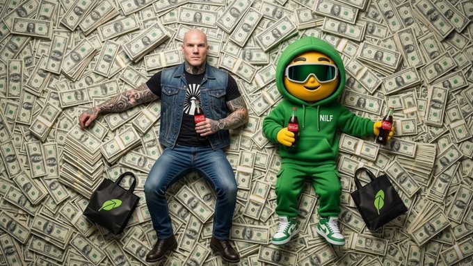 A tattooed man and a green mascot character wearing sunglasses and "NILF" branded clothing lie on a massive pile of cash, each holding sodas with branded shopping bags beside them, promoting a $500 NILF ($NILF) content giveaway.