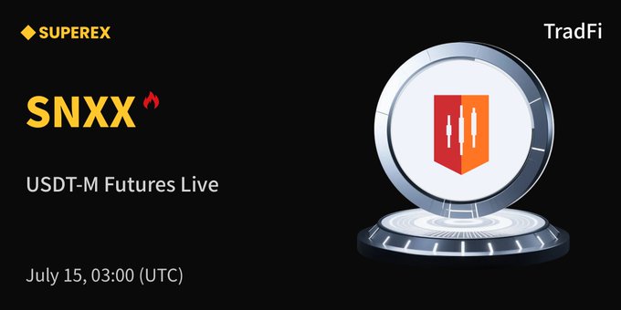 A promotional banner for SuperEx announces "TradFi" with the SNXX ticker, a "USDT-M Futures Live" listing scheduled for "July 15, 03:00 (UTC)," featuring a circular metallic emblem with candlestick chart icons, complementing the post's announcement of the 2x leveraged SNDK ETF's futures debut.