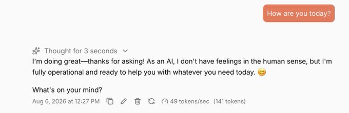 Screenshot of a chat interface with an orange message bubble reading 'How are you today?' and an AI response: 'I'm doing great—thanks for asking! As an AI, I don't have feelings in the human sense, but I'm fully operational and ready to help you with whatever you need today. 😊' dated Aug 6, 2026 at 12:27 PM.