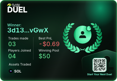 A green promotional card for a Solana Traders 'DUEL' competition showing winner '3d13...vGwx' with 03 trades made, 04 players joined, best PnL of -$0.69, and a $50 winning pool on SOL assets.