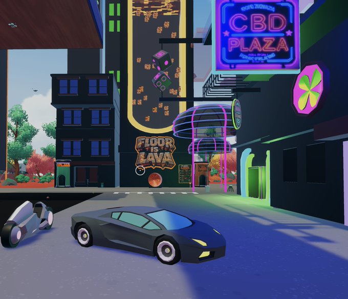A colorful, cartoon-style 3D video game scene of a neon-lit city street featuring a futuristic black car, a 'CBD PLAZA' sign, a clover icon, and a 'FLOOR IS LAVA' graffiti on a building.