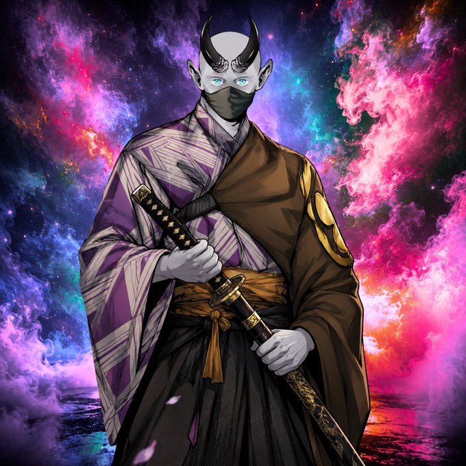 A digital illustration of a pale-skinned samurai with horns and glowing blue eyes, holding a katana, set against a vibrant cosmic nebula background of pinks, purples, and blues.