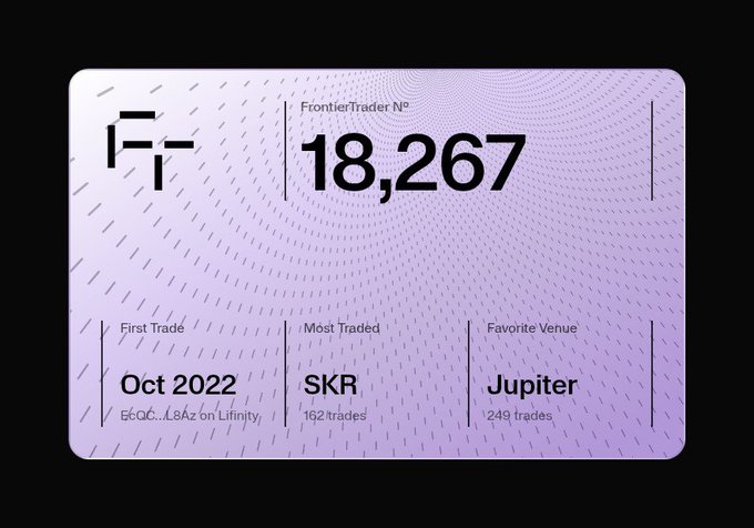 A digital trading card for 'FrontierTrader N°' shows a total of '18,267' along with stats: 'First Trade Oct 2022 (Base...L8Az on Lfinity)', 'Most Traded SKR (162 trades)', and 'Favorite Venue Jupiter (249 trades)'.