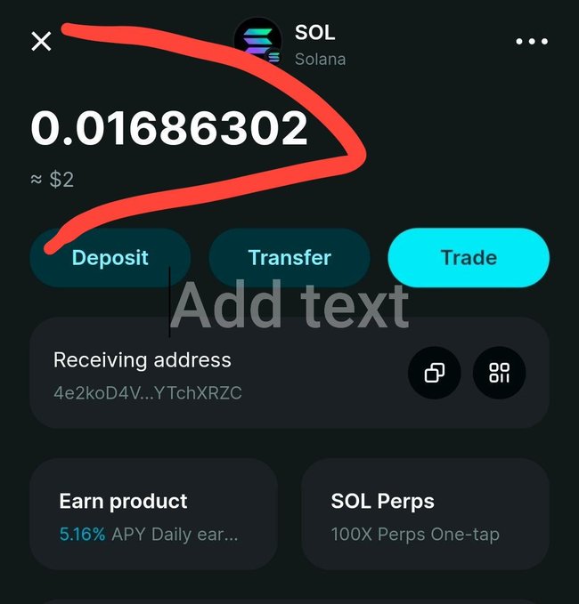 A cryptocurrency wallet screen showing a SOL (Solana) balance of 0.01686302 (~$2) circled in red, with options to Deposit, Transfer, or Trade.