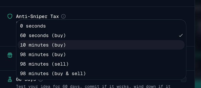 A dropdown menu displays options for an "Anti-Sniper Tax," including choices like "0 seconds," "60 seconds (buy)," "10 minutes (buy)," and "98 minutes," with "60 seconds (buy)" currently selected. Below the menu, text mentions a 60-day testing period for the idea. The image illustrates the community's consideration of different sniper tax window durations, with the post advocating for a 10-minute option as the ideal balance.