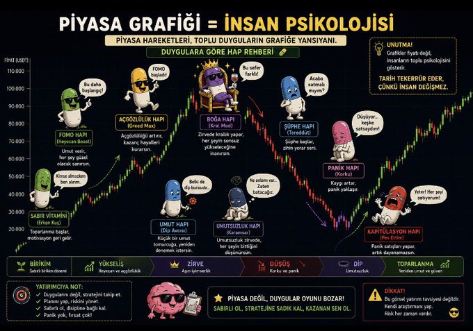 The image is an infographic titled "PİYASA GRAFİĞİ = İNSAN PSİKOLOJİSİ" (Market Chart = Human Psychology) in Turkish, illustrating how market movements mirror collective emotions through cartoon characters representing different psychological phases—from "Sabır Vitamini" (Patience Vitamin) at 20,000 points, through "Acıgözlülük," "Boga," "Şüphe," "Panik," and "Umutsuzluk," up to "Kaptılaşan Hapi" (Greed Pill) near 110,000 points. This visual metaphor directly supports the post's claim that charts reveal collective human psychology rather than mere price action, with each emotional stage driving market behavior.