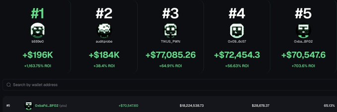 A leaderboard displaying five ranked crypto wallets with their profit and ROI statistics. The top entry shows "bt69oO" with "+$196K" and "+1,163.75% ROI", followed by "auditpobo", "TIKUs_PWN", "0x08...6c57", and "OxbaF...BFO2".