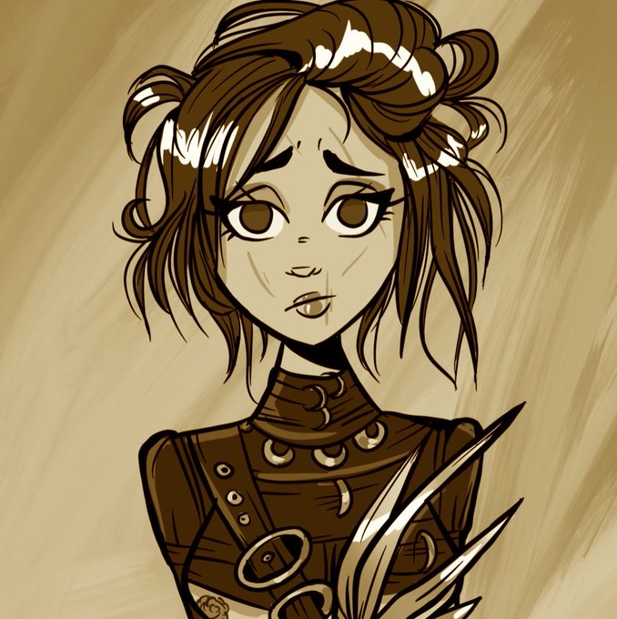 A sepia-toned digital illustration of a brown-haired anime-style female character in leather armor with a serious expression.