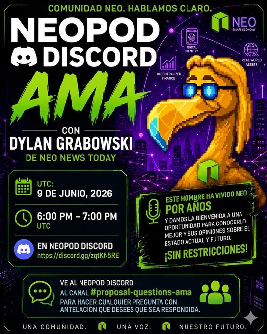 The image features a poster for an event called "Neopod & Discord Ama" that took place at 9:00 PM on Saturday, June 9th, 2016. The poster also includes a link to the event's website, which is located at Discord.gg/TPZAG6s3xy. The main focus of the poster is a cartoon bird wearing sunglasses and glasses, with the text "Neopod & Discord Ama" written in white letters above it.