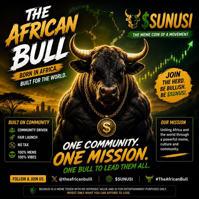 A bold promotional graphic for the $SUNUSI meme coin featuring a muscular black bull with a gold chain and dollar sign medallion, set against an African continent backdrop with a stock chart, branded as "THE AFRICAN BULL — BORN IN AFRICA, BUILT FOR THE WORLD" with the slogan "ONE COMMUNITY. ONE MISSION. ONE BULL TO LEAD THEM ALL." The image ties to the post's GM greeting by visually reinforcing $SUNUSI's identity as "The Real BlackBull" through its dominant, community-driven meme branding.