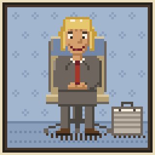 A pixel art illustration shows a blonde person in a business suit sitting in a chair next to a briefcase.