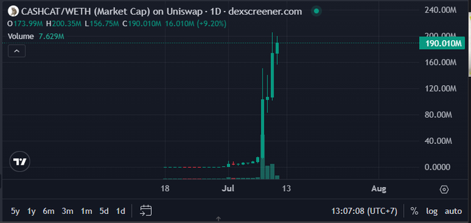 A cryptocurrency price chart from dexscreener.com showing a massive vertical price spike for the token 'CASHCAT/WETH', with the market cap reaching 190.010M.