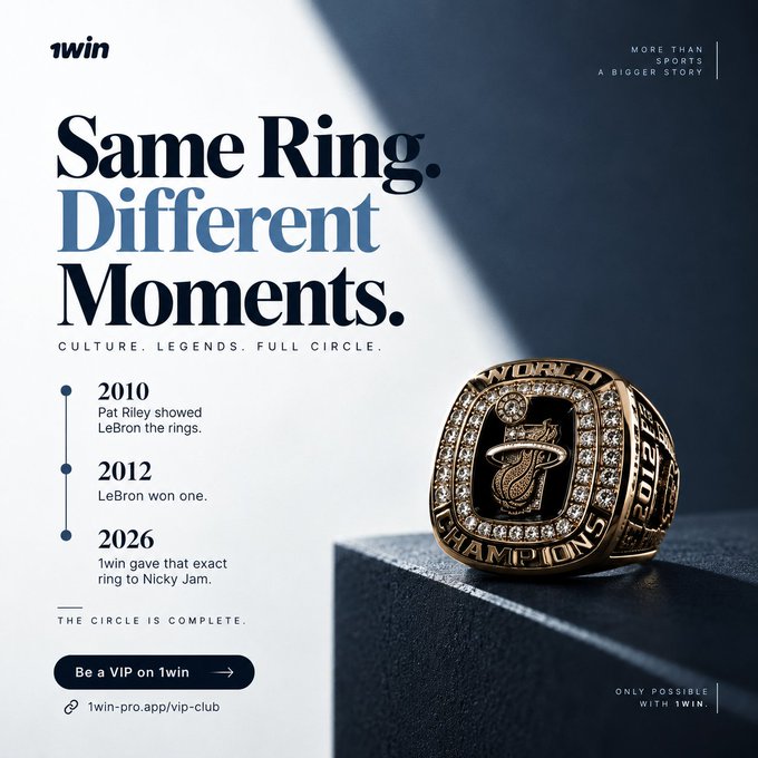 A promotional advertisement for 1win titled 'Same Ring. Different Moments.' highlights a Miami Heat 2012 championship ring, noting that '1win gave that exact ring to Nicky Jam' in 2026.