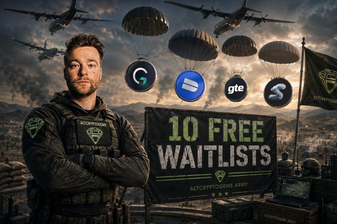 An image showing a man in tactical gear labeled "ALTCRYPTOGEMS" alongside a "10 FREE WAITLISTS - ALTCRYPTOGEMS ARMY" banner, with parachutes delivering crypto tokens (including GTE, S, and others) above a war-torn battlefield, visually promoting the post's offer of 10 free crypto airdrop waitlists.