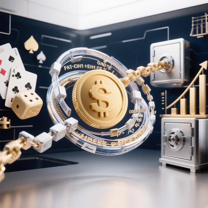 The image presents a room with elements related to the financial world. A gold-colored dollar sign is at the center of the scene, surrounded by various objects including a gold box, coins, and dice. The dollar sign is depicted as a coin that keeps spinning around, which also has a key in its middle, suggesting it's an arcade or slot machine style game. There are two visible bars on either side of the image - one at each end representing financial assets. Additionally, there are cards and other gaming items in the background, indicating a connection to casino-like games. The overall impression is that this room represents a space where people can play and interact with financial concepts, such as currency or slot machines designed to mimic real-life gambling experiences.