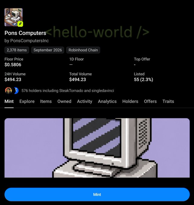 A screenshot of the "PonsComputers<hello-world />" NFT collection page on OpenSea by PonsComputersInc, featuring 2,378 items on the Robinhood Chain with a floor price of $0.5806 and total volume of $494.23, while the accompanying post notes an earlier mint price of $0.24 and warns of potential rug pull risk with 3k minted out of 4200 supply.