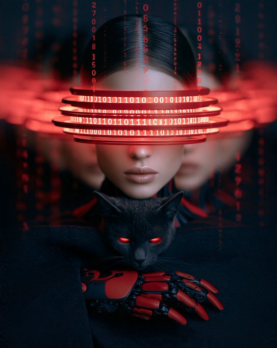 Digital artwork of a woman wearing red glowing visor glasses with binary text, holding a black cat with glowing red eyes and a red robotic hand against a red digital background.