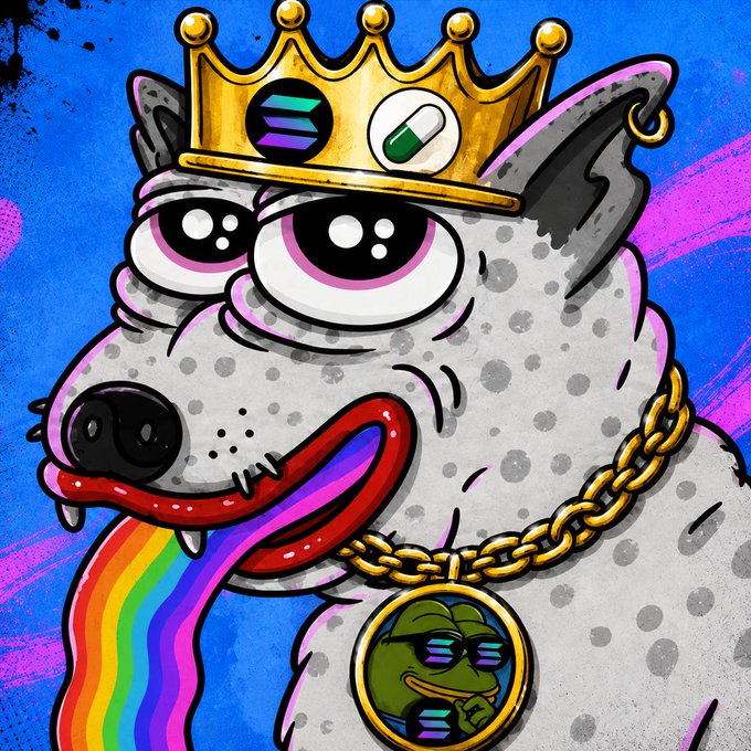 A cartoon illustration of a grey spotted dog wearing a gold crown with Solana and pill icons, a gold chain with a Pepe pendant, and a rainbow tongue.