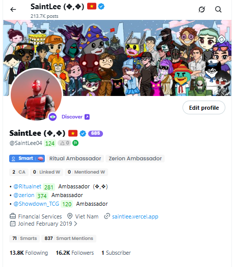 Twitter/X profile page for SaintLee (@SaintLee04), a Smart Ritual Ambassador and Zerion Ambassador with 605 followers, 13.8K Following, and 16.2K Followers, featuring a banner with various cartoon avatars.