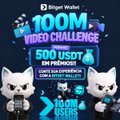 A 0x9dcf wallet promotional graphic for a 100M Video Challenge offering 500 USDT in prizes and 100M users, featuring cartoon cats in spacesuits.