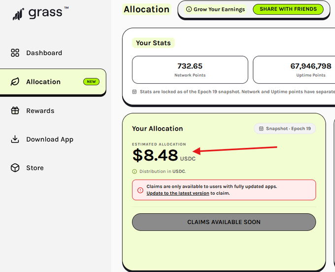 A screenshot of the Grass app 'Allocation' page showing Network Points of 732.65, Uptime Points of 67,946,798, and an estimated allocation of $8.48 USDC for Epoch 19, with a note that claims require the latest app version.