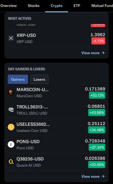 A mobile app screenshot showing crypto market data with XRP-USD at 1.3962 (down 8.12%), and gainers including MarsCoin, TROLL, Useless Coin, PONS, and Q38236.